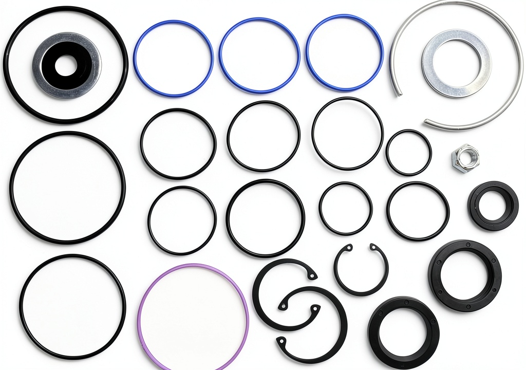 Nissan 240SX power steering seal kit components laid out on a workbench