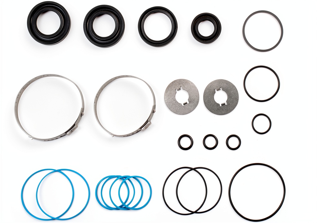 Sunsong rack and pinion seal kit components laid out on a workbench
