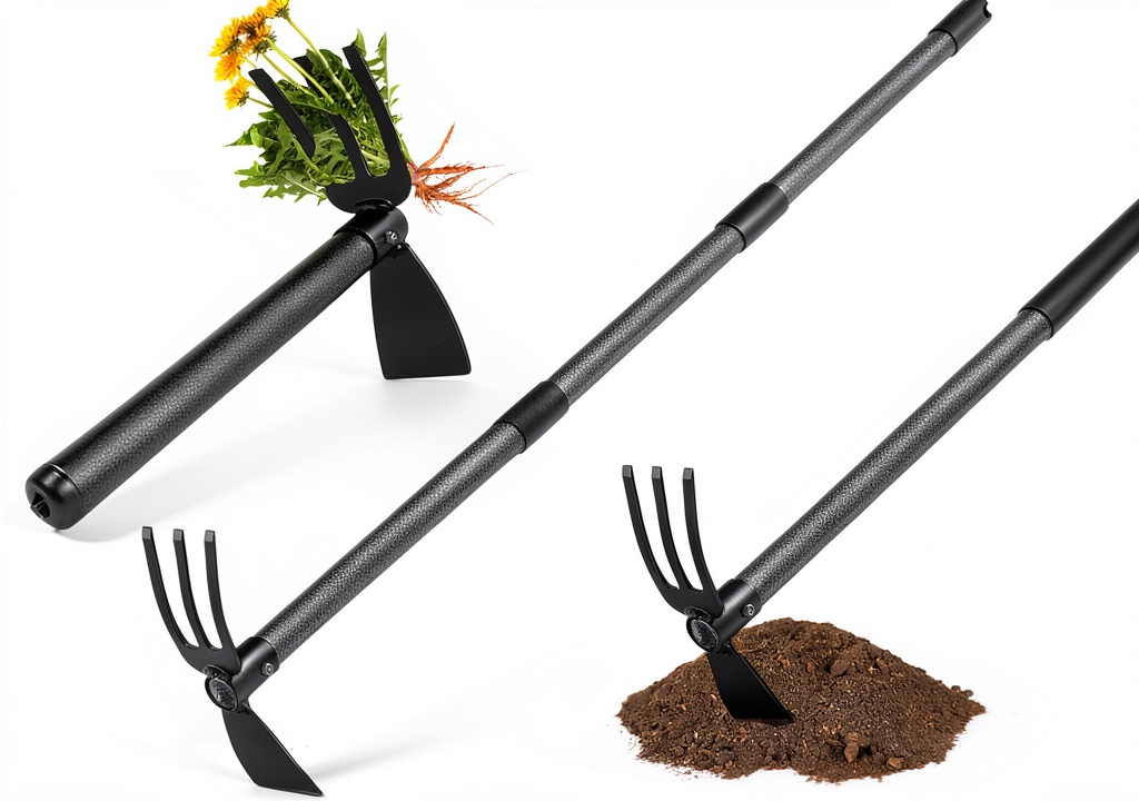 Gardener using duoyongCT adjustable hoe in a vegetable garden